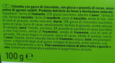 Mini colomba con gocce di cioccolato ingredients label