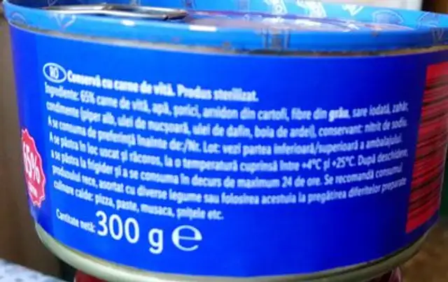 Conservă cu carne de vită ingredients label