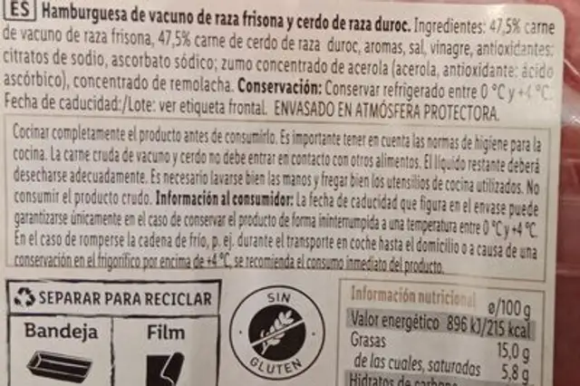 Frisona/Duroc hamburguesa ingredients label