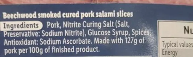 Smoked pork salami ingredients label