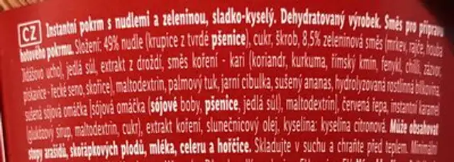 Instant noodles sweet and sour ingredients label