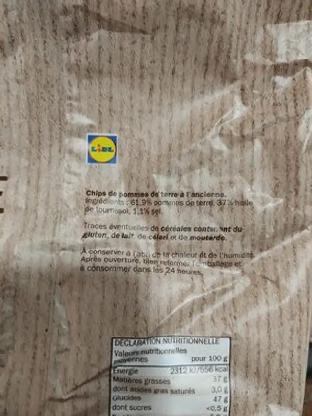 Chips à l'ancienne nature ingredients label