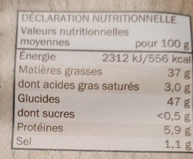 Chips à l'ancienne nature nutrition facts table