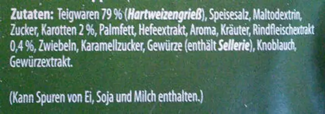 Rindfleisch Suppe mit Nudeln ingredients label