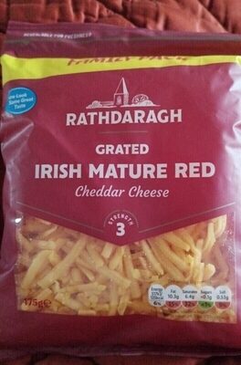 Grated Irish mature red cheddar cheese 3 stren front packaging