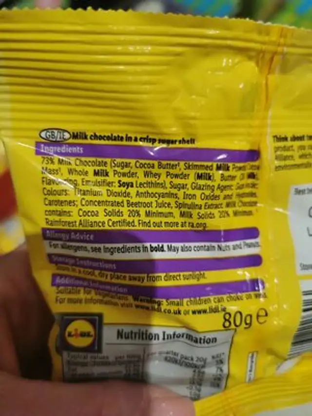 Mini Eggs ingredients label