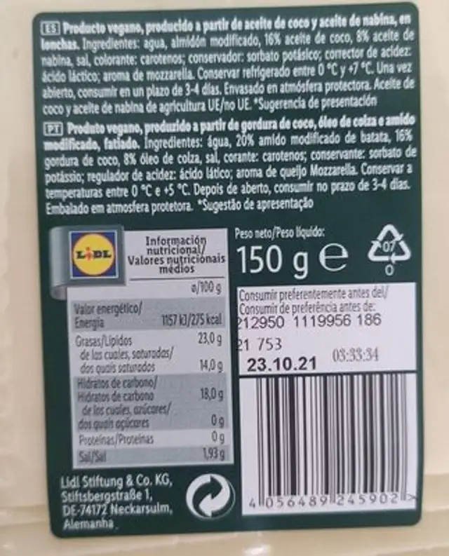 Vegan slices cheese flavour nutrition facts table