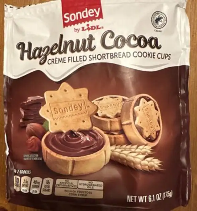 Hazelnut Cocoa Crème Filled Shortbread Cookie Cups front packaging