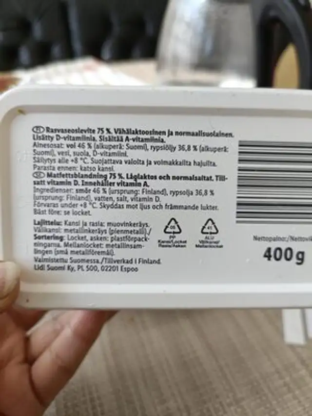 Butter ingredients label