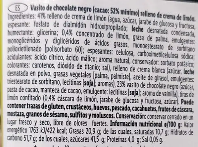 Vasito chocolate limon ingredients label