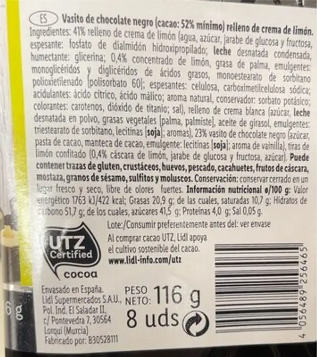 Vasito chocolate limon nutrition facts table