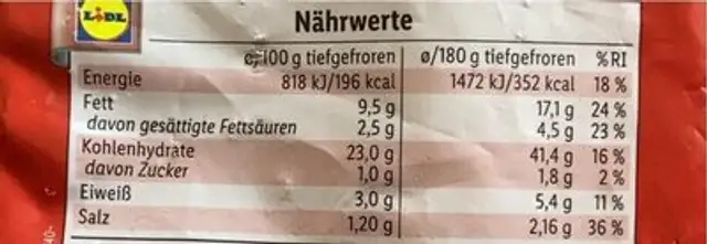 Kartoffeltaschen Bacon nutrition facts table
