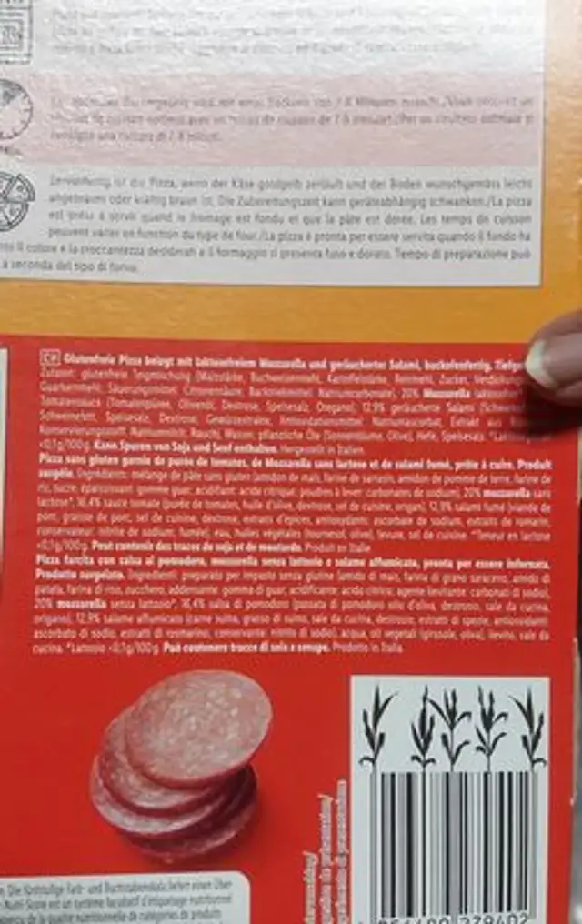 Glutenfreie Pizza Salami ingredients label