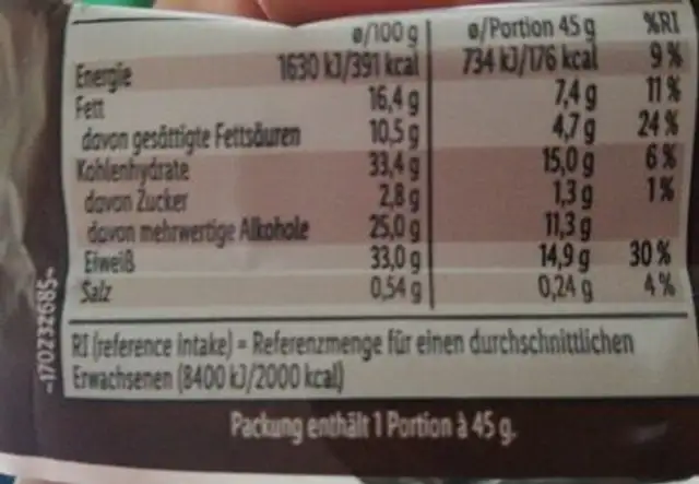 Protein crunchy bar nutrition facts table