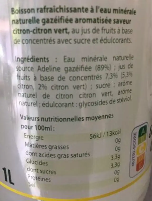 Eau gazeuse citron nutrition facts table