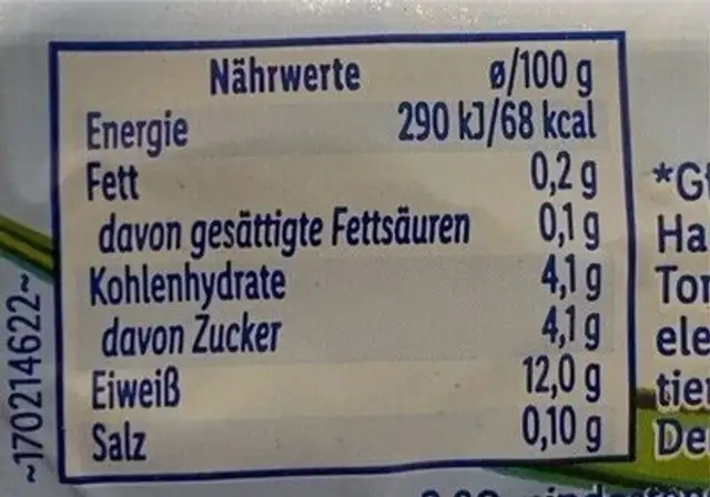 Speisequark Magerstufe nutrition facts table