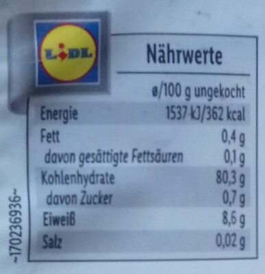 Wildreismix nutrition facts table