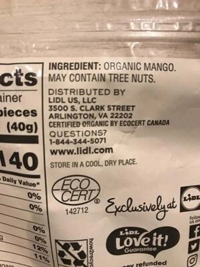 Unsweetened Dried Mango ingredients label