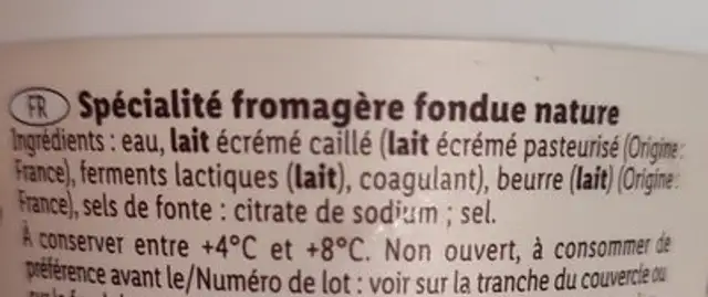 Cancoillotte IGP Nature ingredients label