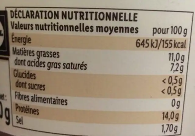 Cancoillotte IGP Nature nutrition facts table