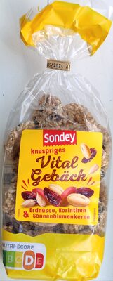 Knuspriges Vital Gebäck Erdnüsse, Korinthen & Sonnenblumenkerne front packaging