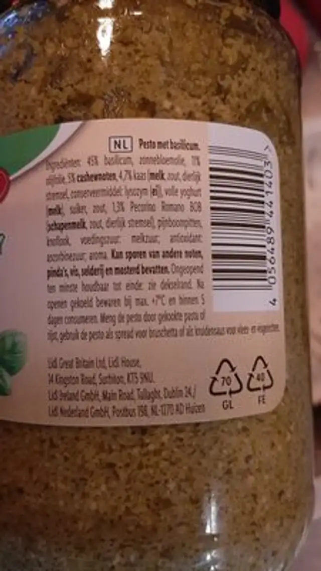 Pesto alla genovese ingredients label
