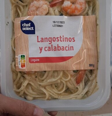 Lingüística Langostinos y calabacin front packaging