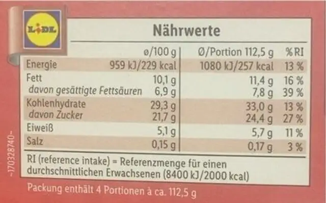 Schwarzwälder-Kirsch-Schnitten nutrition facts table