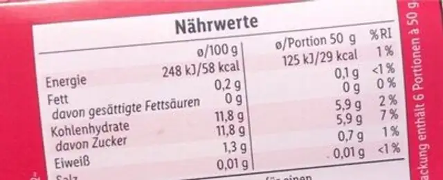 Granatapfelkerne nutrition facts table