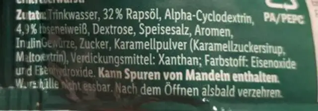 Vegane Streichwurst Leberwurstgeschmack ingredients label
