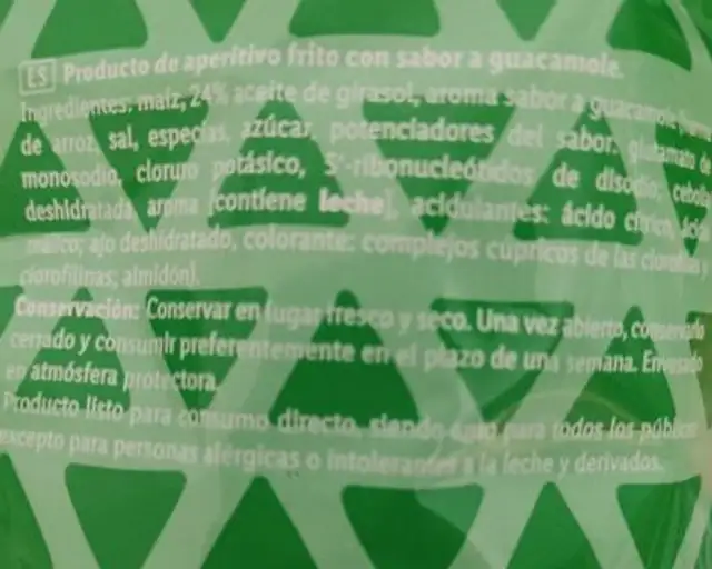 Nachos sabor guacamole ingredients label