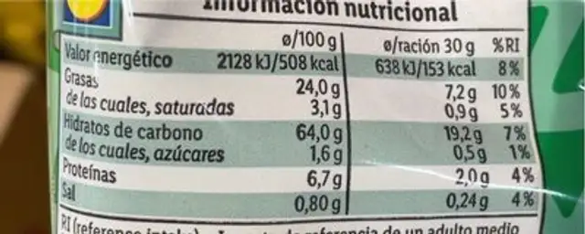 Nachos sabor guacamole nutrition facts table