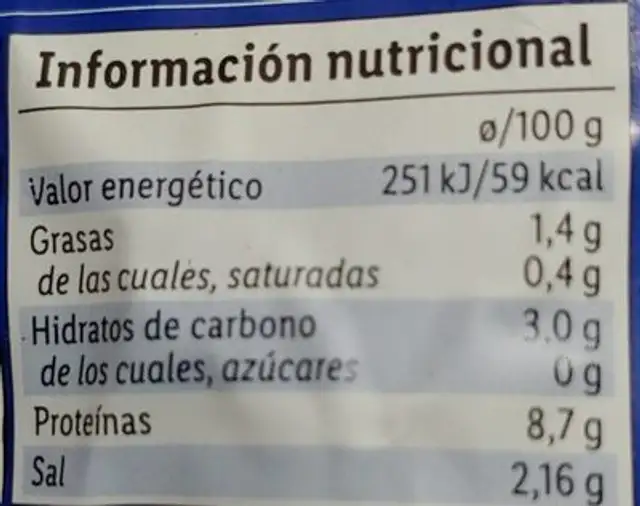 Mejillón nutrition facts table