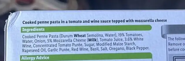 Cheese & Tomato Pasta ingredients label