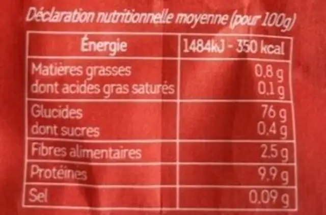 Farine de ble T45 nutrition facts table