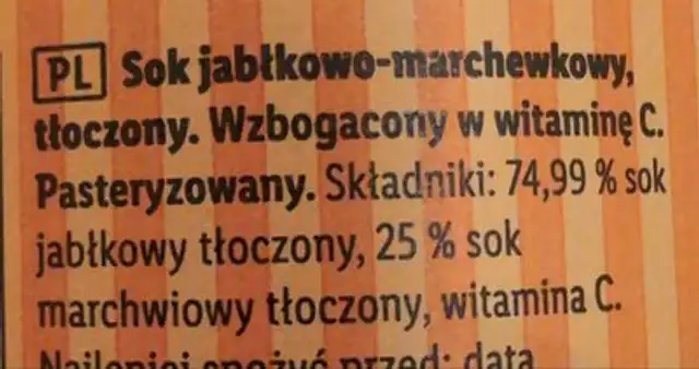Jabłko i Marchew Sok 100% tłoczony ingredients label