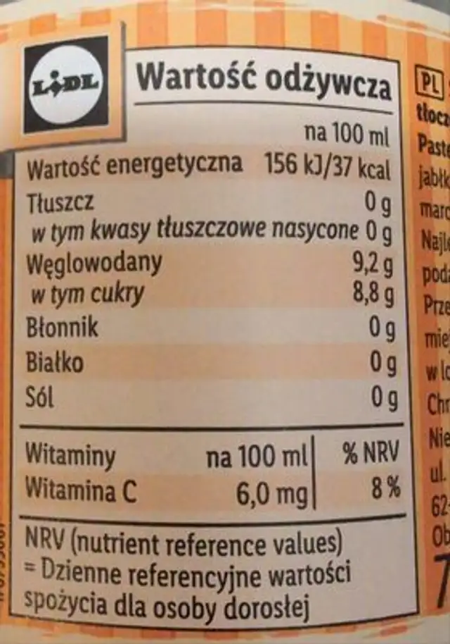 Jabłko i Marchew Sok 100% tłoczony nutrition facts table