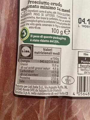 Prosciutto crudo stag 14 mesi nutrition facts table