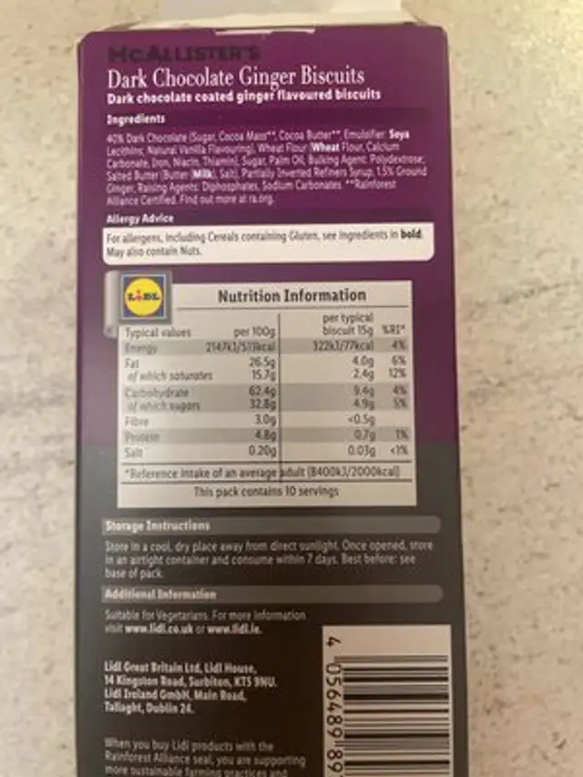 Dark Chocolate Ginger Biscuits nutrition facts table