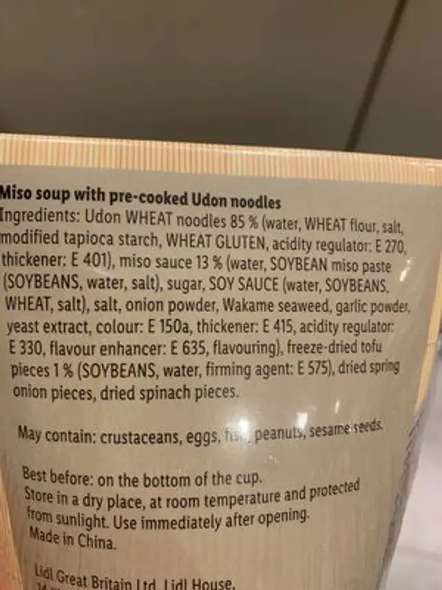 Miso Soup ingredients label