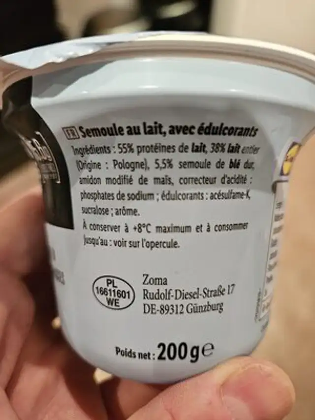 Grießpudding Pur ingredients label