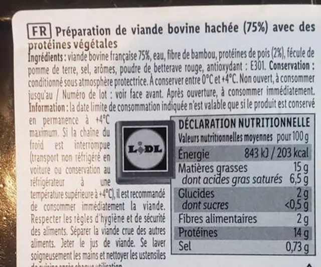 Preparation de viande bovine hachée ingredients label