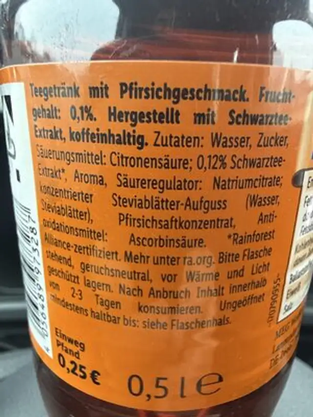 Eistee Pfirsich ingredients label