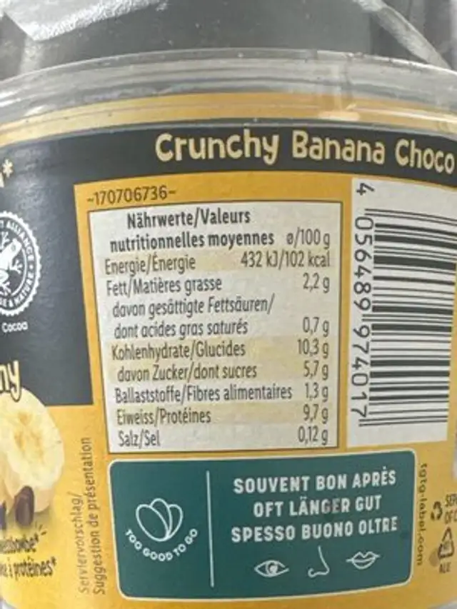 Hifh proteine banane choco nutrition facts table