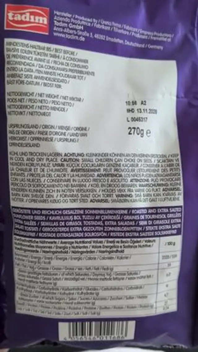 Geröstete Sonnenblumenkerne Reichlich Gesalzen ingredients label