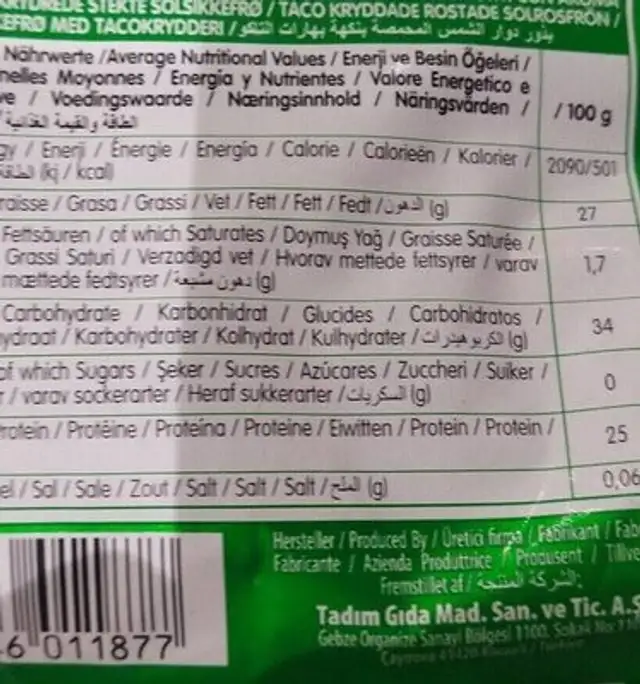 Taco Flavoured Roasted Sunflower Seeds nutrition facts table