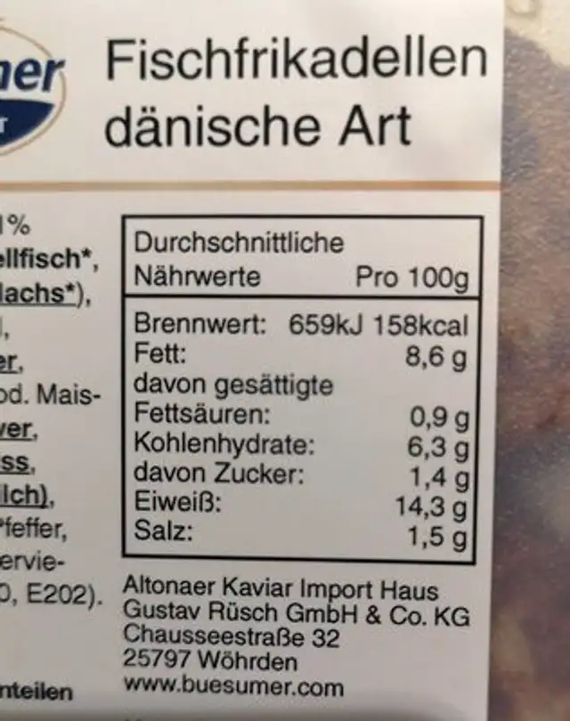 Fisch Frikadellen dänische Art nutrition facts table