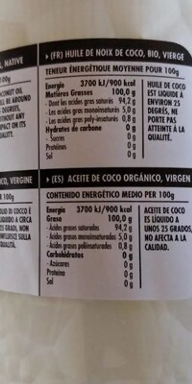 Kokosöl nutrition facts table