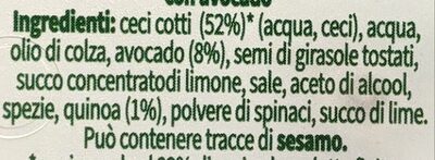 Hummus Ceci e avocado ingredients label