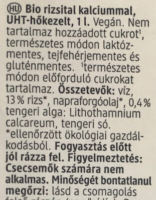 Reisdrink Calcium ingredients label